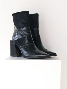 Jeffrey Campbell LA siren black Patchwork Leather Block Heel Ankle Boots
